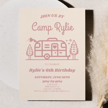 pink retro camper camp out camping birthday party invitation