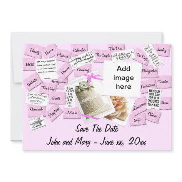 pink ribbon, wedding cake save the date postinvitations