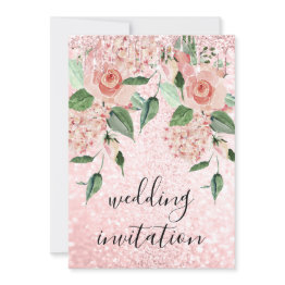 Small Pink Rose Drips Glitter Floral Mint Green Wedding Invitation Front View