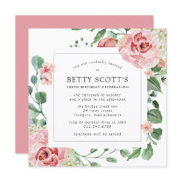 Small Pink Rose Floral Botanical 100th Birthday Party Invitation Front View