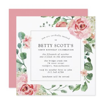 pink rose floral botanical 100th birthday party invitation