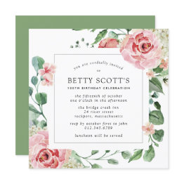 Small Pink Rose Floral Botanical 100th Birthday Party Invitation Front View