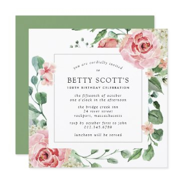 pink rose floral botanical 100th birthday party invitation