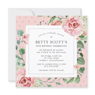 pink rose floral botanical 90th birthday party invitation