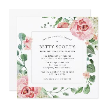 pink rose floral botanical 90th birthday party invitation