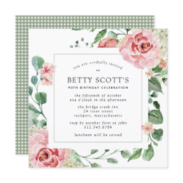 Small Pink Rose Floral Botanical 90th Birthday Party Invitation Front View