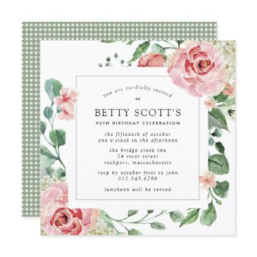 pink rose floral botanical 90th birthday party invitation