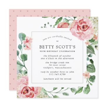 pink rose floral botanical 90th birthday party invitation
