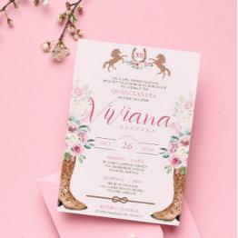 Small Pink Rose Floral Western Boots Charro Quinceanera Invitation Front View