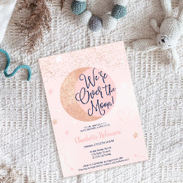 Small Pink Rose Gold Glitter Over The Moon Baby Shower Invitation Front View