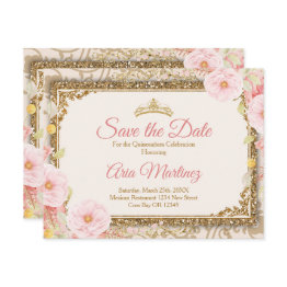 Small Pink Rose Gold Quinceañera 15 Anos Save The Date Thank You Invitations Front View