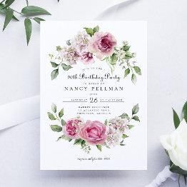 Small Pink Rose Greenery Floral Arch 90th Birthday Party Invitation Front View