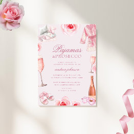 Small Pink Rose Pajamas & Prosecco Pj's Bridal Shower Invitation Front View