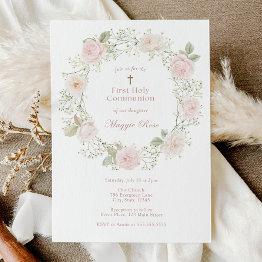 Small Pink Roses And Baby Breath First Holy Communion Invitation Front View