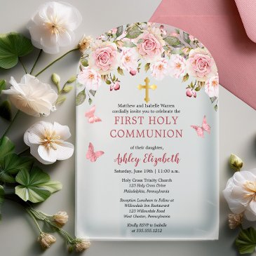 pink roses butterflies floral first holy communion acrylic invitations