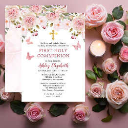 Small Pink Roses Butterflies Floral First Holy Communion Invitation Front View