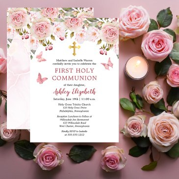 pink roses butterflies floral first holy communion invitation