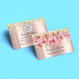 Small Pink Roses Flowers Golden Drip Qr Code Logo  Business Invitations Front View