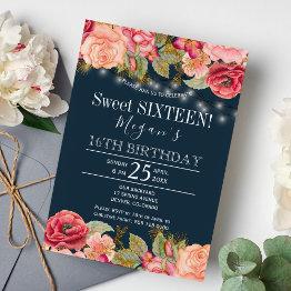 Small Pink Roses Gold String Lights Navy Blue Sweet 16 Invitation Front View