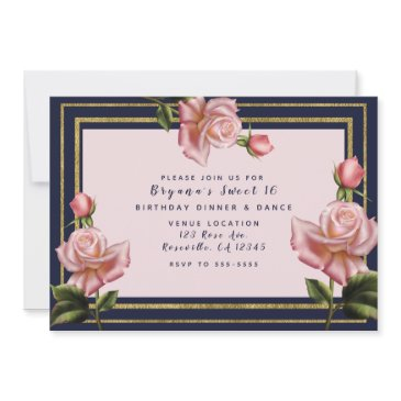 pink roses navy blue & gold modern sweet 16 party invitation