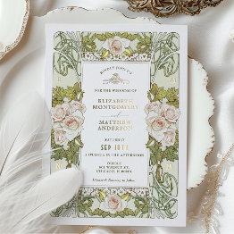 Small Pink Roses Romantic Art Nouveau Wedding Foil Invitation Front View