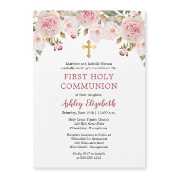 pink roses watercolor floral first holy communion magnetic invitation