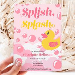 Small Pink Rubber Duck Splish Splash Bubbles Baby Shower Invitation Front View