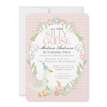 pink silly goose floral gingham birthday party invitation