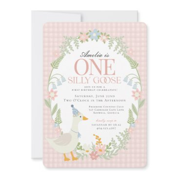 pink silly goose floral gingham first birthday invitation