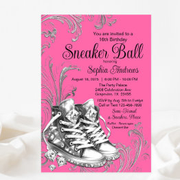 Small Pink Silver Diamond Sneaker Ball Invitation Front View