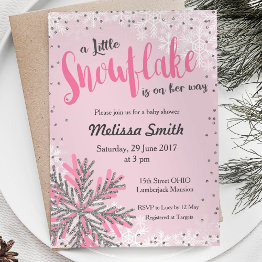 Small Pink Silver Little Snowflake Baby Shower Invitations Front View