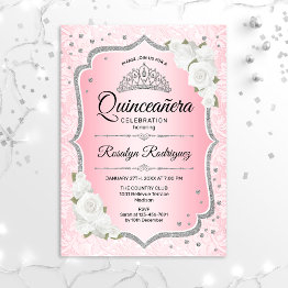 Small Pink Silver Quinceanera Invitation Front View