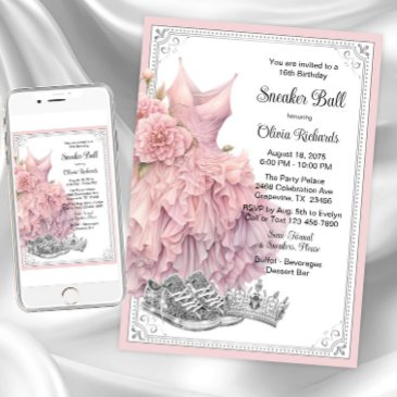pink silver sneaker ball birthday party invitation