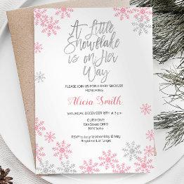 Small Pink Silver Winter Wonderland Girl Baby Shower Invitation Front View