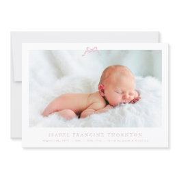 Small Pink Simple Bow Photo Baby Birth Announcement Front View