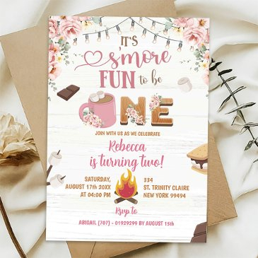 pink s'more girl 1st birthday invitation birthday