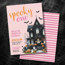 Small Pink Spooky One Halloween 1st Birthday Invitation Front View
