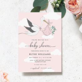 Small Pink Stork Baby Shower Invitation Front View