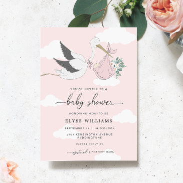 pink stork baby shower invitation