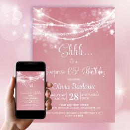 Small Pink String Lights Surprise 65th Birthday Party Invitation Front View