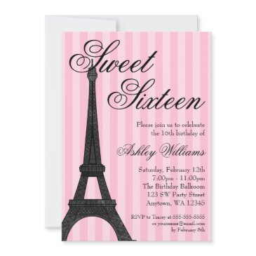 pink stripe paris themed sweet 16 birthday invitation