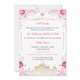 Small Pink Sukhmani Sahib Path Birth Announce Invitations Girl Front View