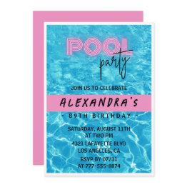 Small Pink Summer Pool Party 89th Birthday Invitation Front View
