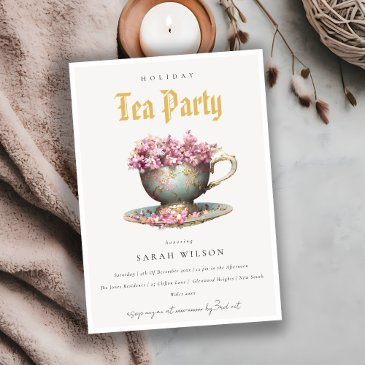 pink teal gold floral teacup holiday tea party invitation