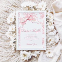 Small Pink Toile Bow Baby Girl Shower Diaper Raffle Sign Invitation Front View