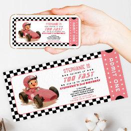 Small Pink Too Fast Racing Car Ticket Birthday Invitation Front View