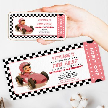pink too fast racing car ticket birthday invitation