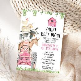 Small Pink Tractor Farmyard Oink Baa Moo Farm Birthday Invitation Front View