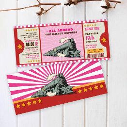 Small Pink Train Ticket Birthday Boarding Pass Invitation Front View
