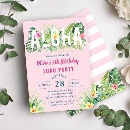 Small Pink Tropical Floral Aloha Luau Birthday Party Invitation Front View